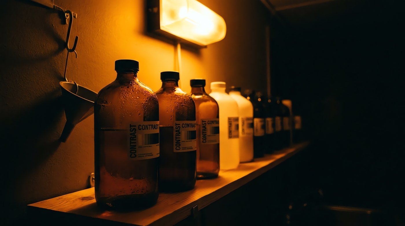 A shelf of amber glass darkroom chemistry bottles lit from above