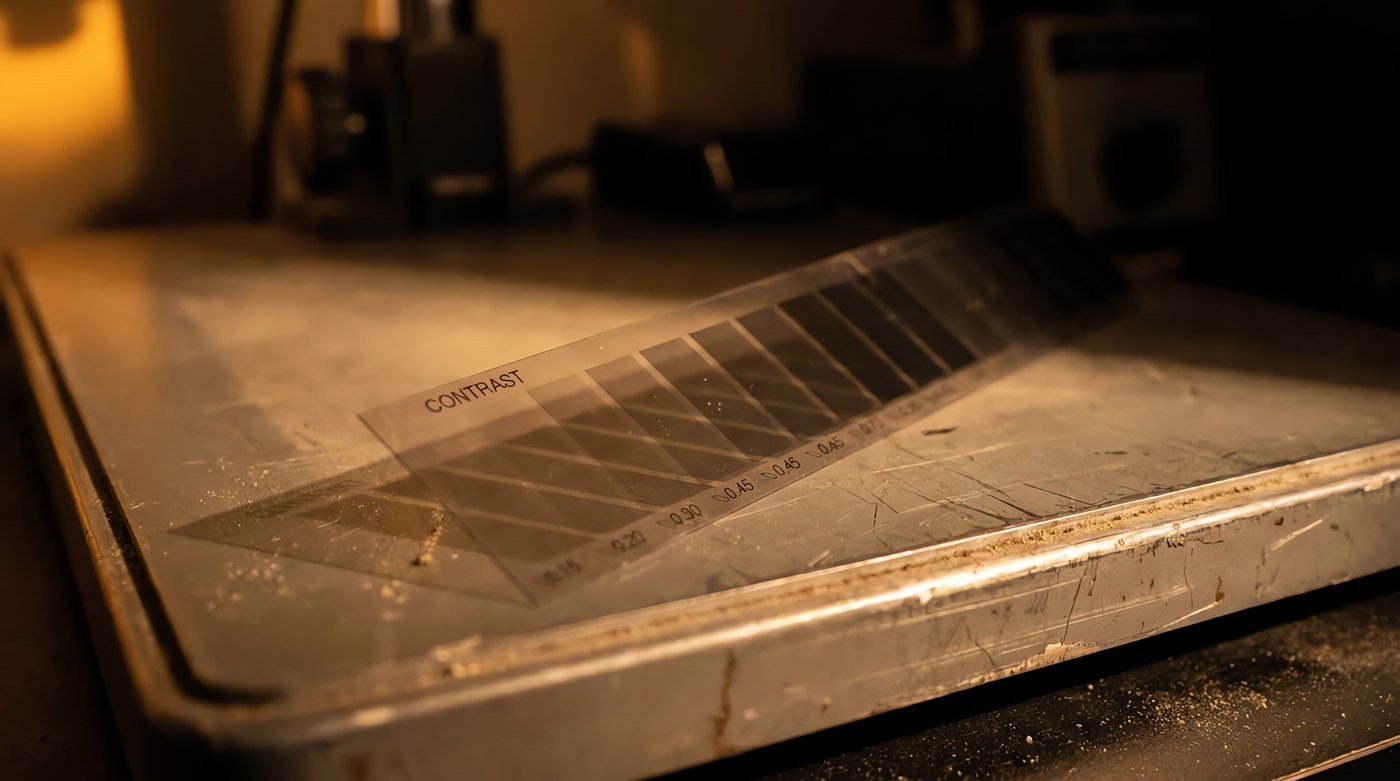 A calibrated eleven patch step wedge lying on an enlarger baseboard