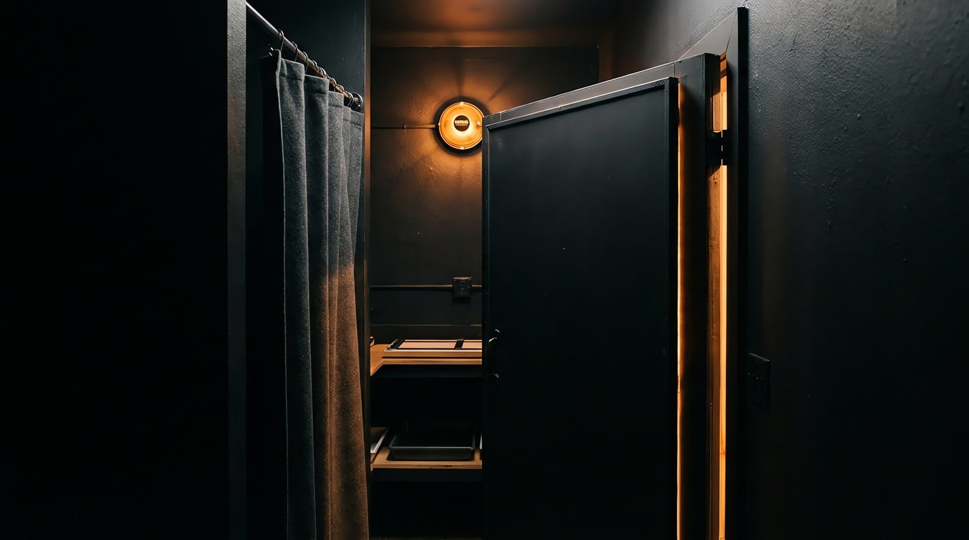 A darkroom light trap doorway with amber light spilling around a baffle panel
